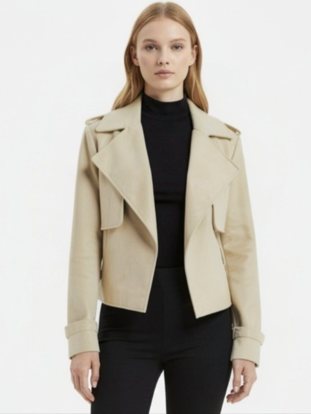 BAGATELLE! LIGHT TAN/DEEPEST CREAM VEGAN LEATHER OPEN FRONT JACKET, COAT! SZ S